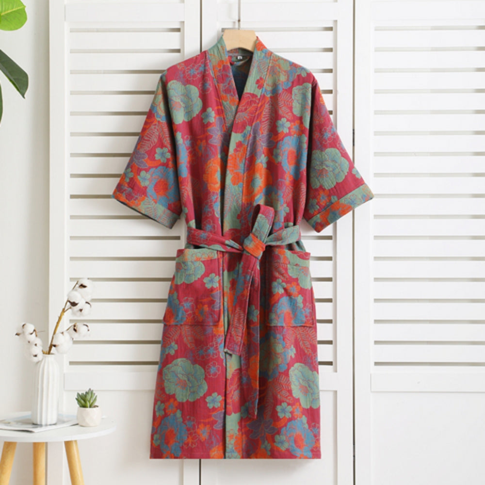Women's Floral Kimono Style Bath Robe with Belt and Pockets
