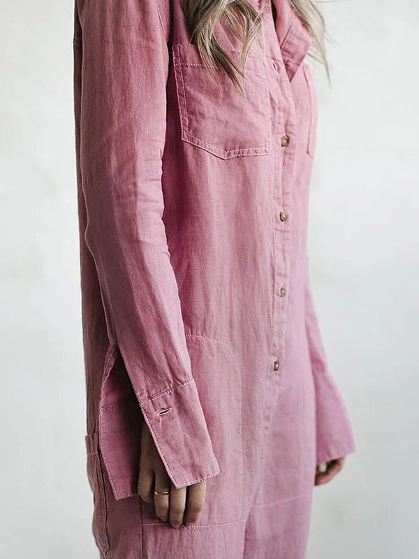 Women’s Button-Front Long Jumpsuit with Roll-Up Sleeves and Pockets
