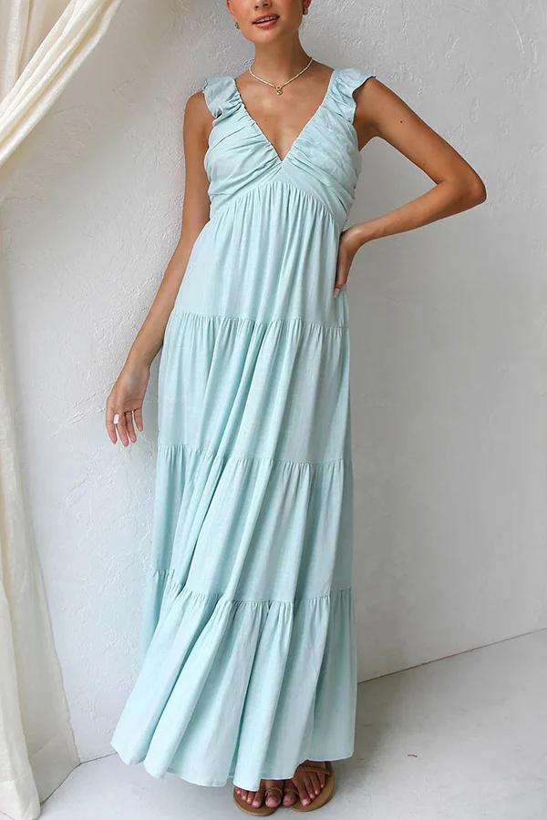 Women's Ruffle Sleeve V-Neck Tiered Maxi Dress