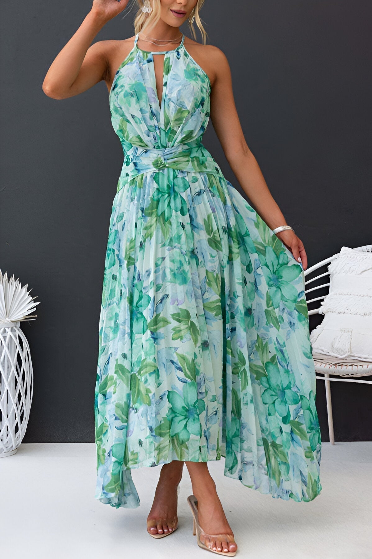 Women's Halter Maxi Dress with Pleated Waist and Watercolor Floral Print
