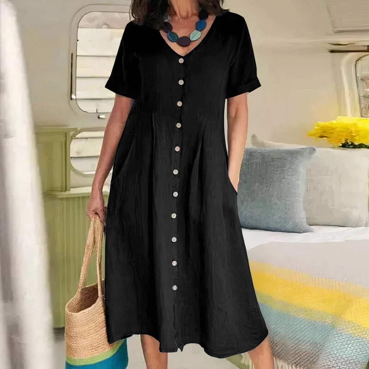 Women's Button-Front Midi Dress with Pockets and Short Sleeves