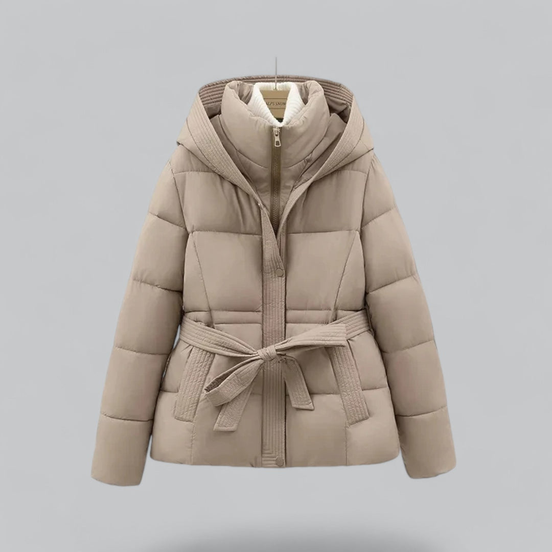 Women's Belted Hooded Puffer Jacket with Quilted Warm Padding