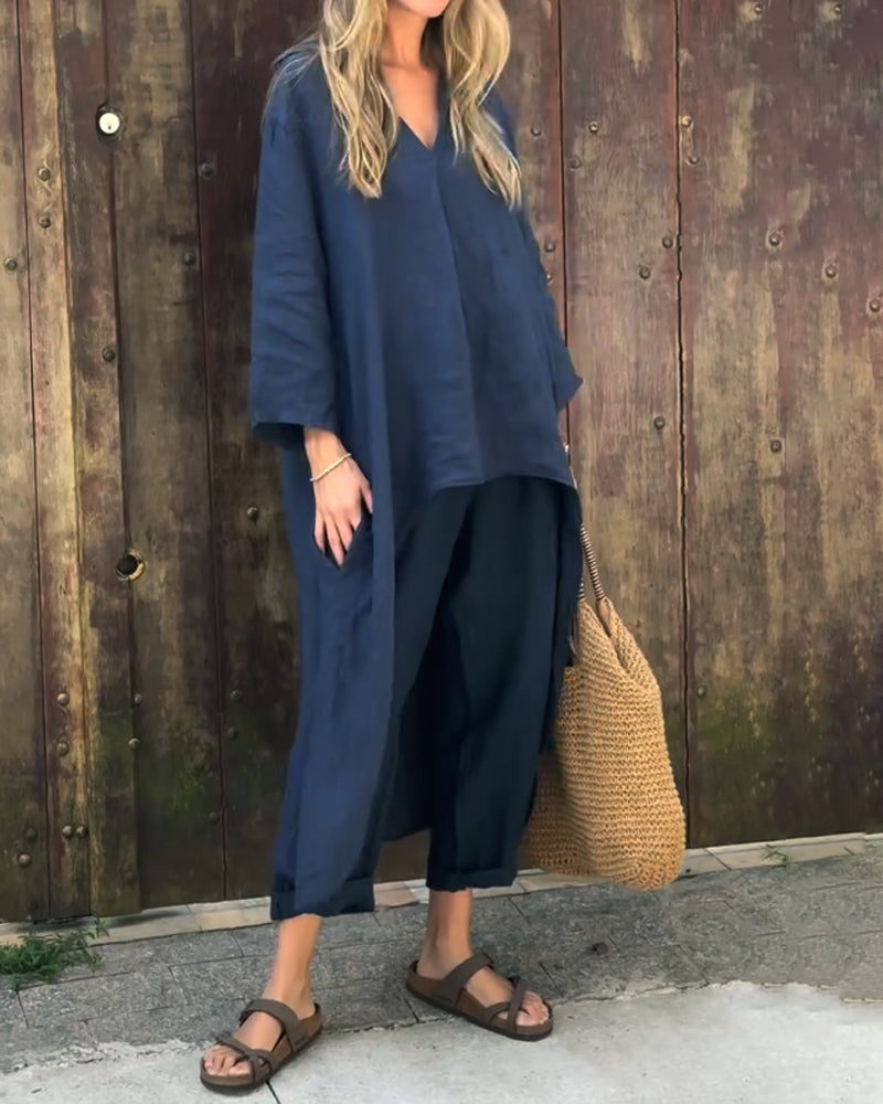 Women's Oversized Two-Piece Lounge Set with Longline Top and Cropped Pants