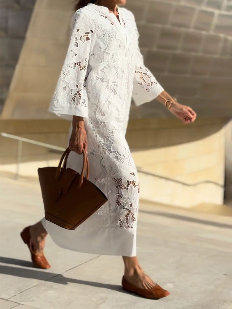 Women's Elegant Lace Maxi Dress with Sheer Floral Overlay