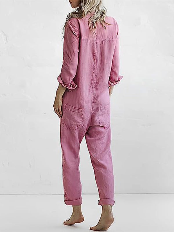 Women’s Button-Front Long Jumpsuit with Roll-Up Sleeves and Pockets