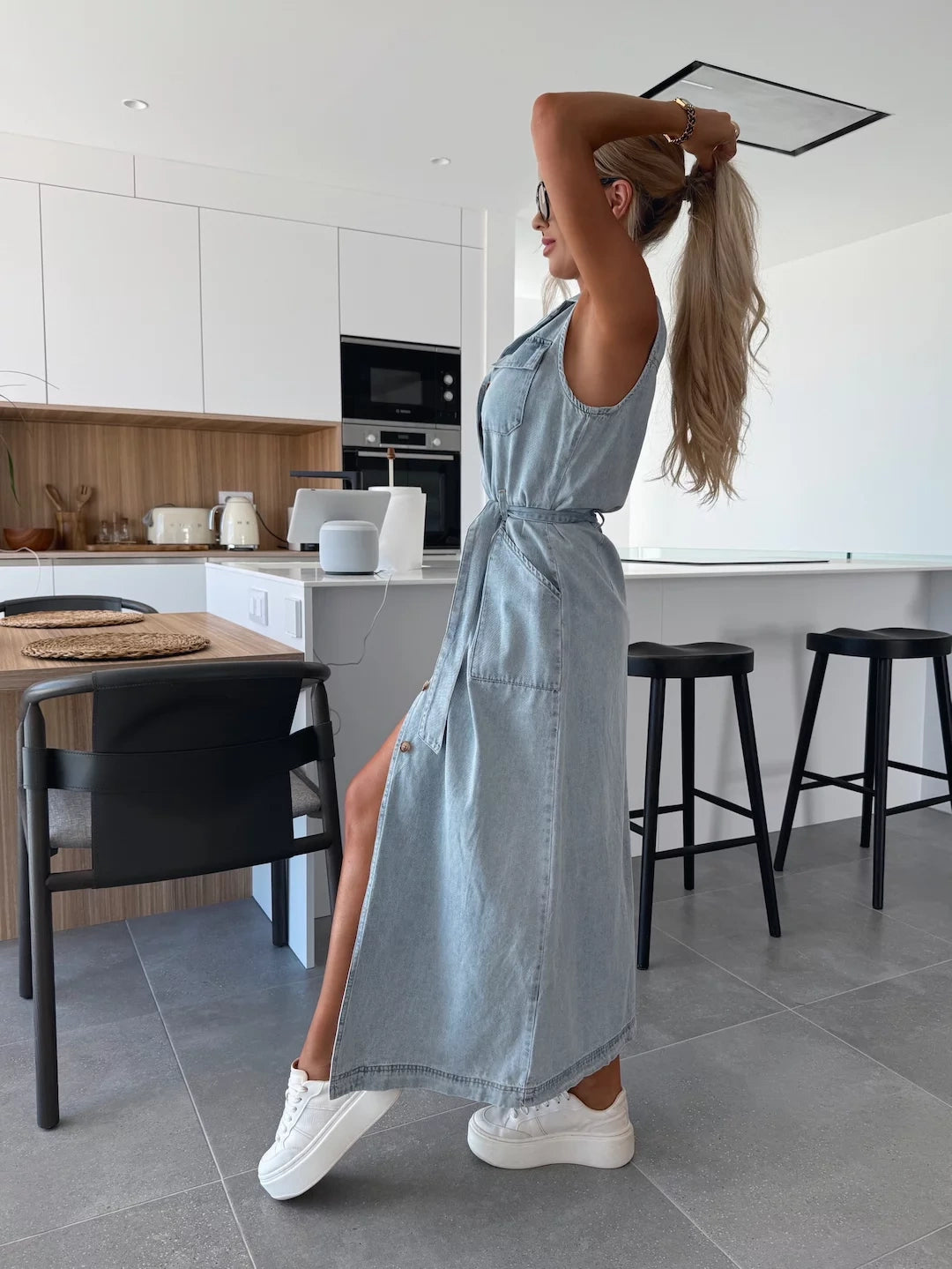 Women's Sleeveless Denim Maxi Dress with Button Front and Belted Waist