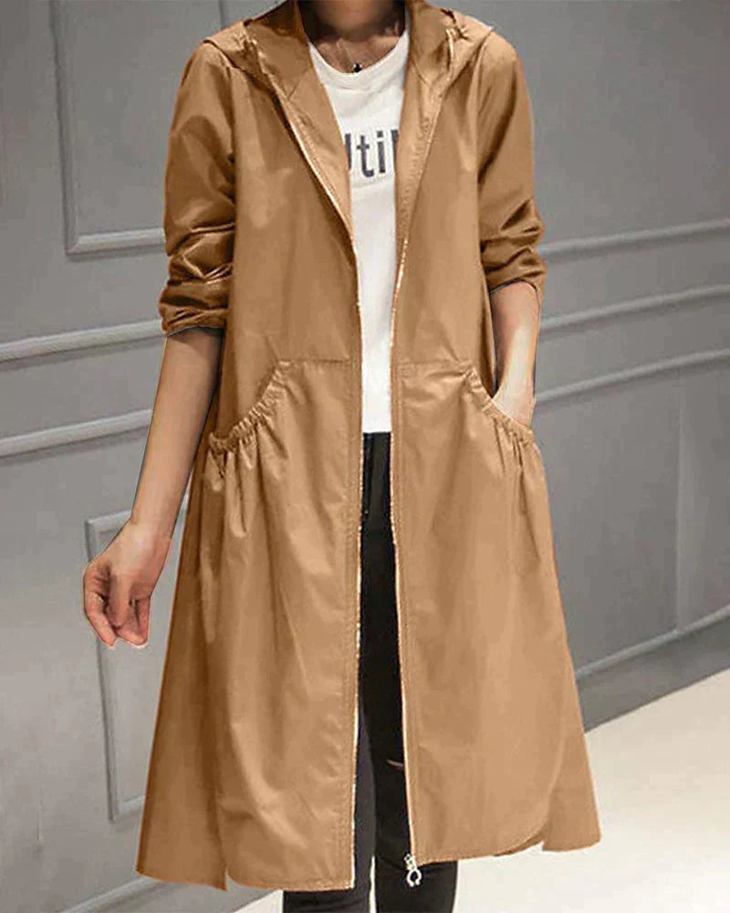 Women's Long Waterproof Weatherproof Hooded Raincoat with Zip