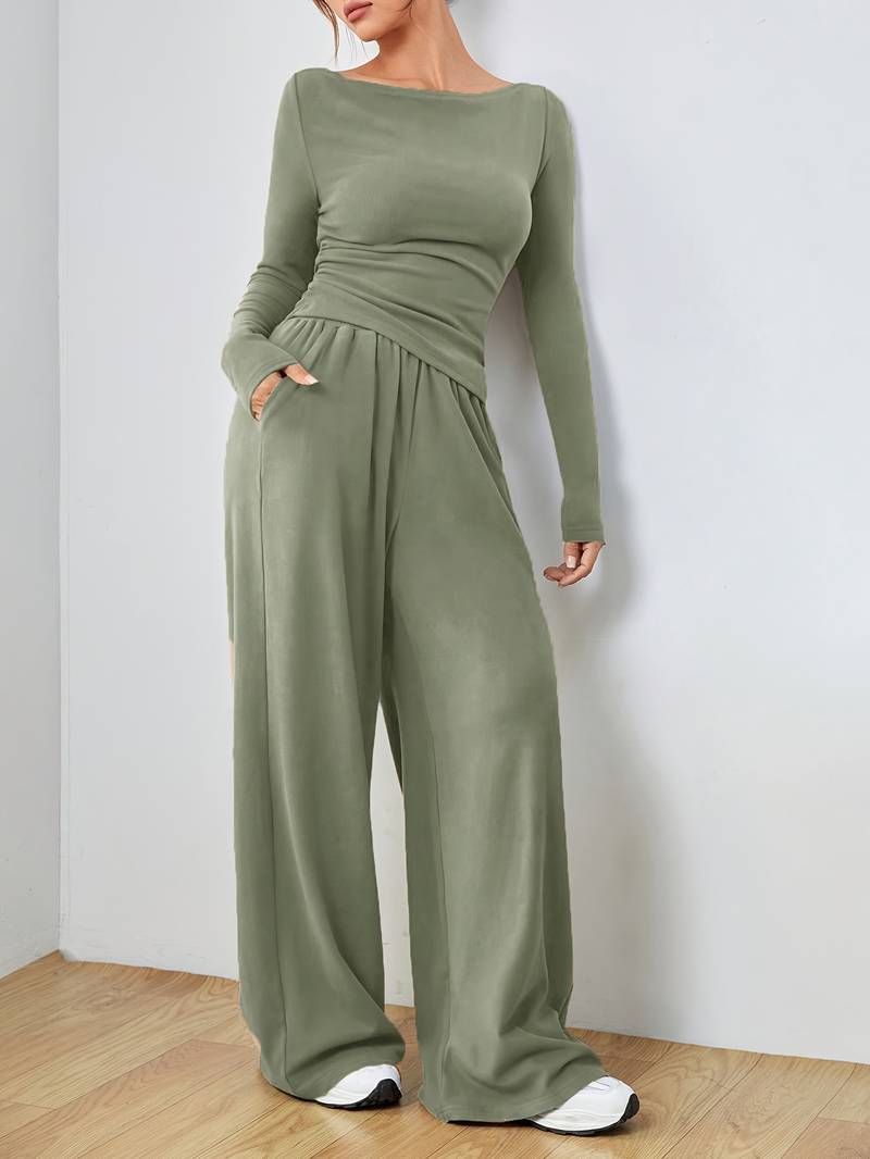 Women's Casual Long Sleeve Shirt and Wide-Leg Pants Set