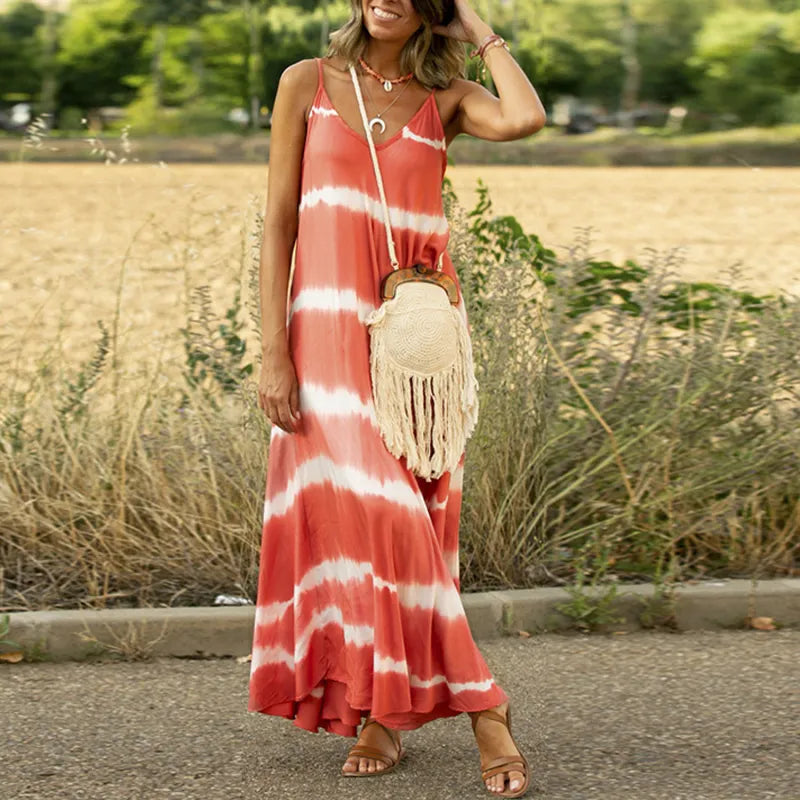 Women's Striped Spaghetti Strap Maxi Dress with Flowing Silhouette