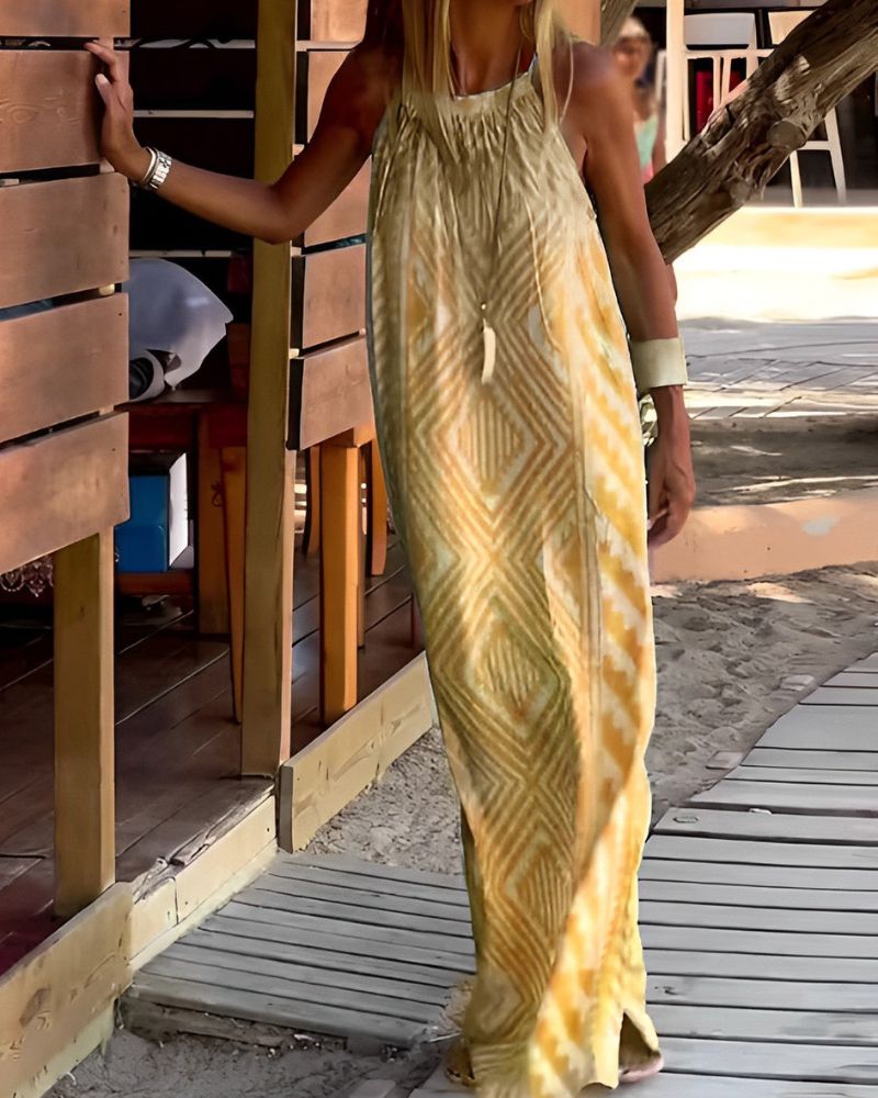Women's Halter Neck Maxi Dress with Geometric Print and Slit Hem