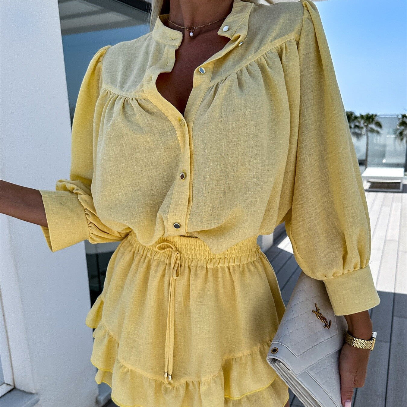 Women's Two-Piece Set with Button Top and Ruffle Hem Shorts