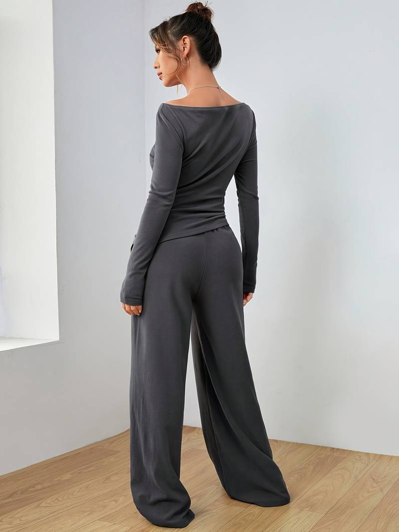 Women's Casual Long Sleeve Shirt and Wide-Leg Pants Set