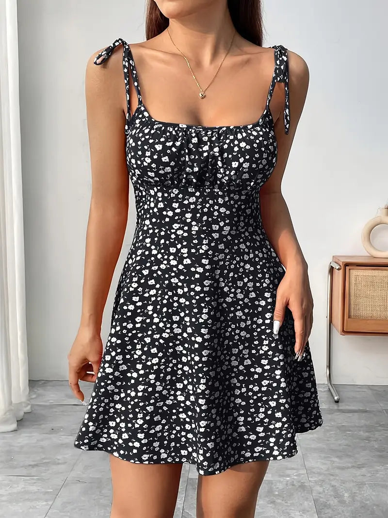 Women's Mini Dress with Floral Print and Tie Straps