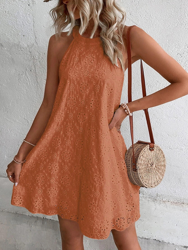 Women's Sleeveless A-Line Short Dress with Floral Eyelet Design
