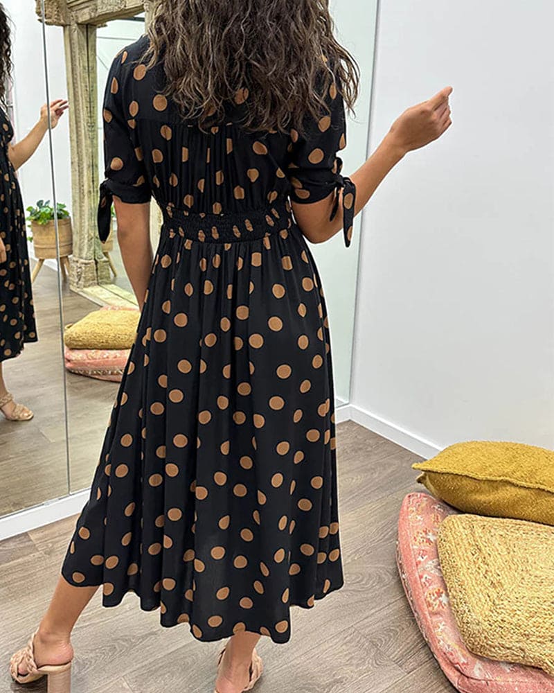Women's Black Polka-Dot Dress with Tie Sleeves and Button Detail
