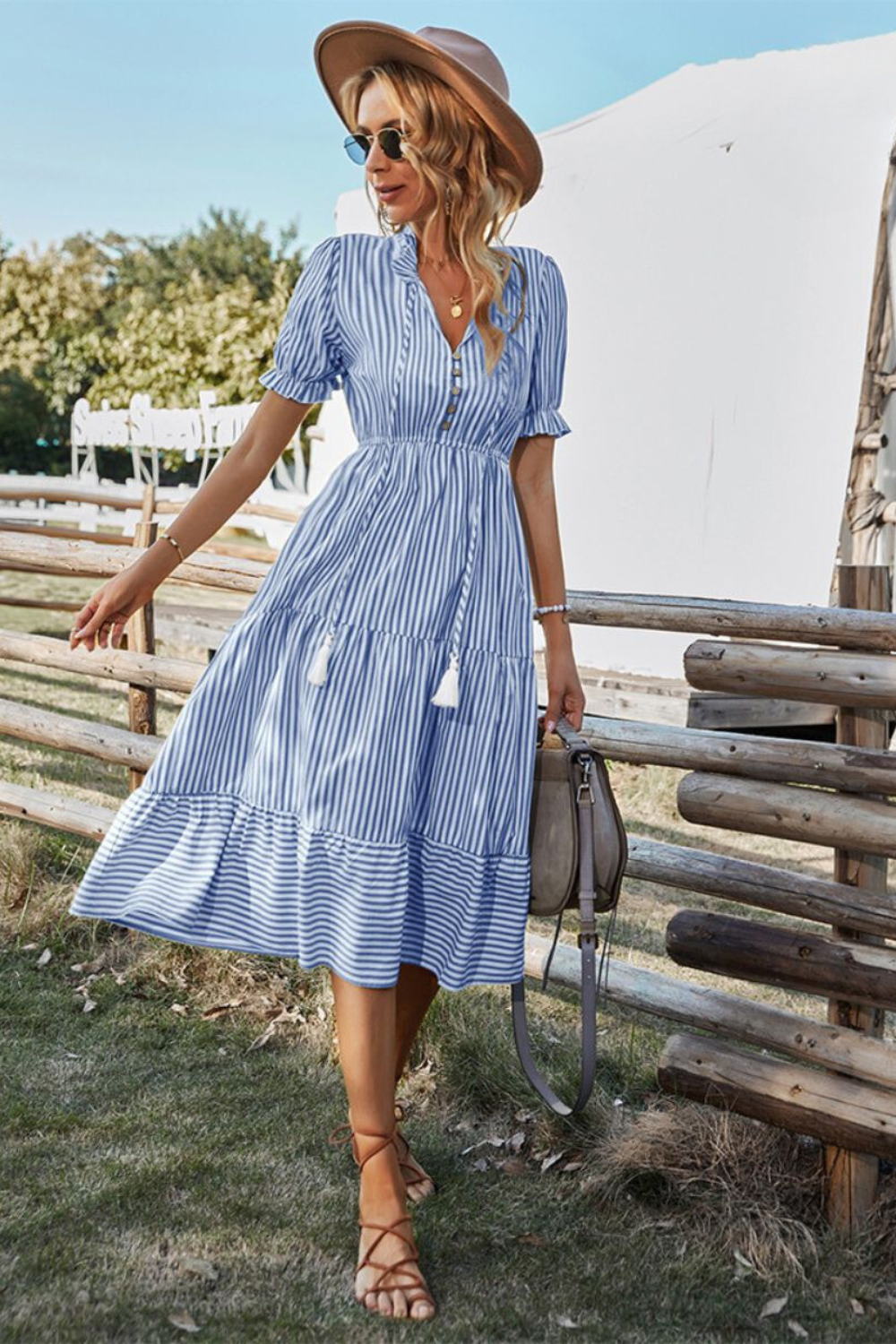 Women's Striped Midi Dress with Puff Sleeves and V-Neck Front