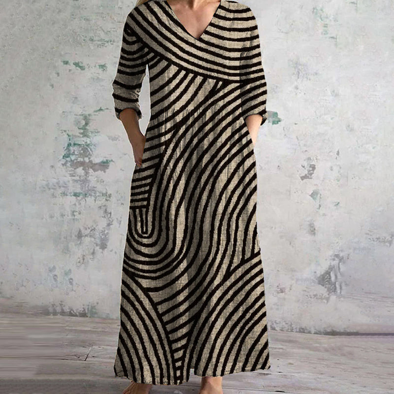 Women's Vintage Striped Dress with V-Neckline