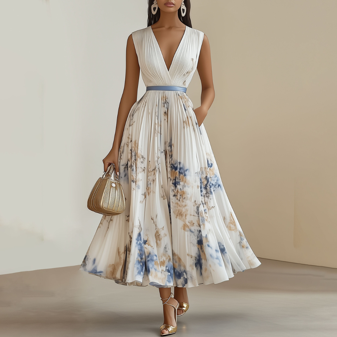 Women's Sleeveless Pleated Maxi Dress with V-Neck and Floral Print