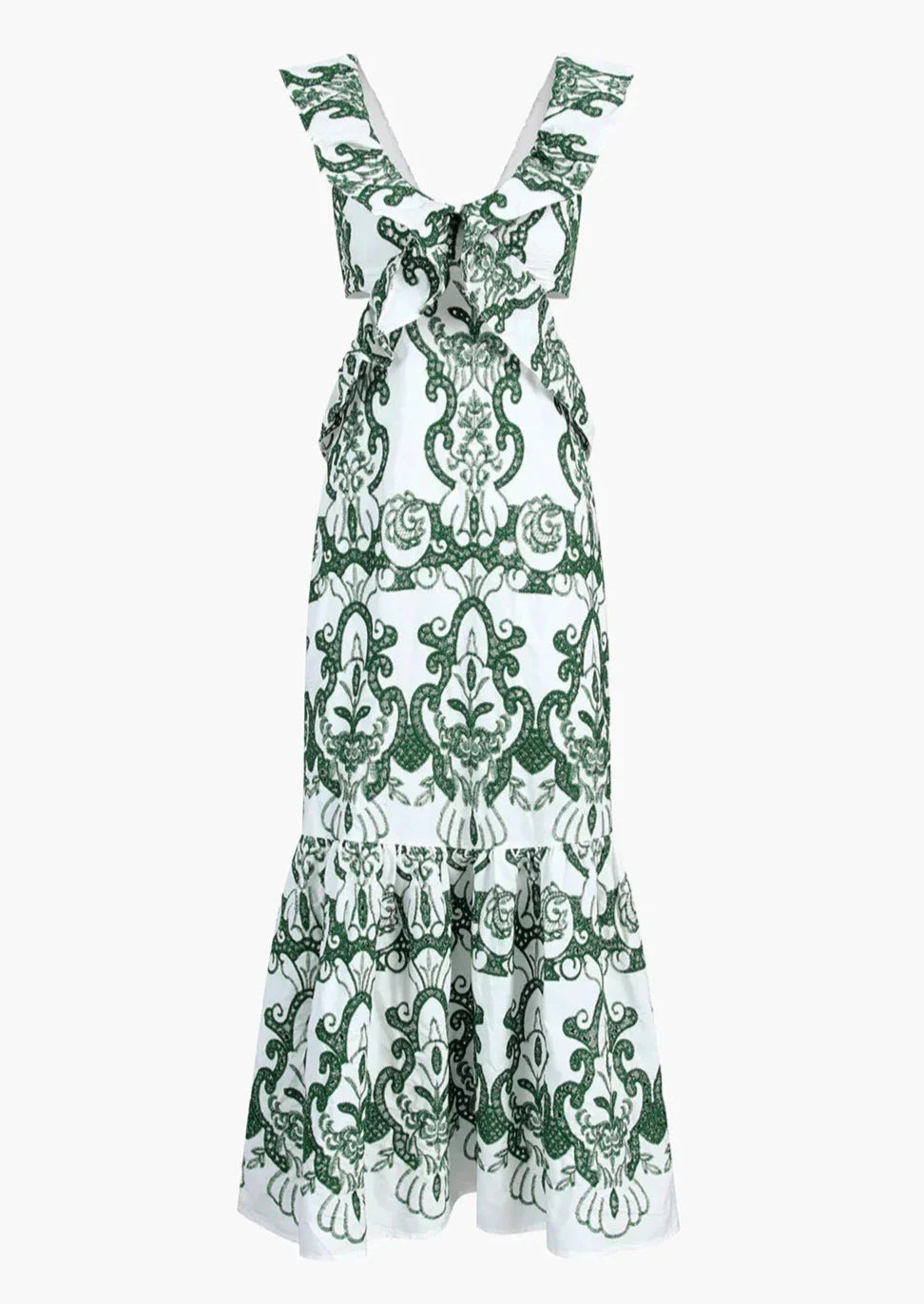 Women's Ruffled Backless Maxi Dress with Vintage-Inspired Print