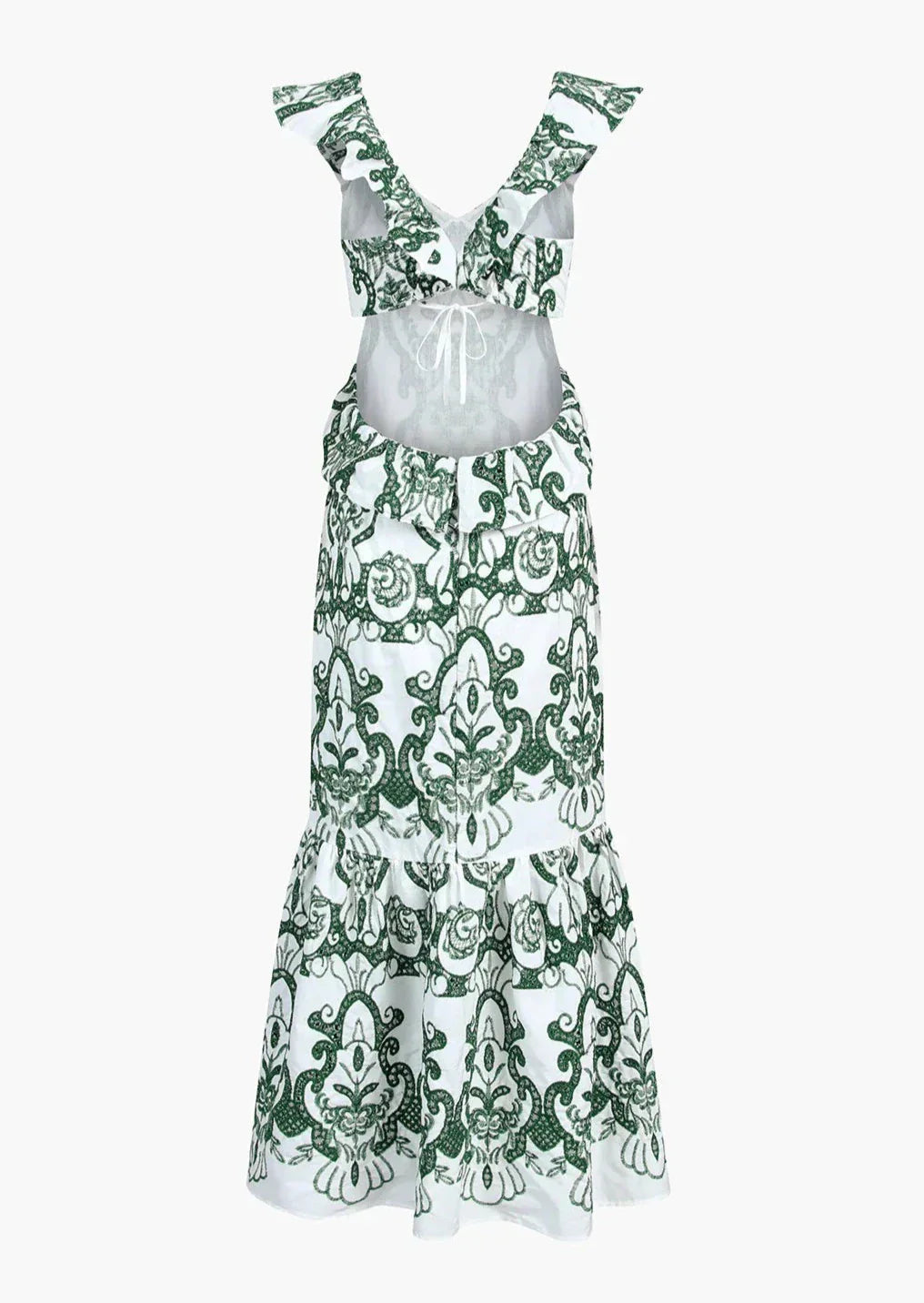 Women's Ruffled Backless Maxi Dress with Vintage-Inspired Print
