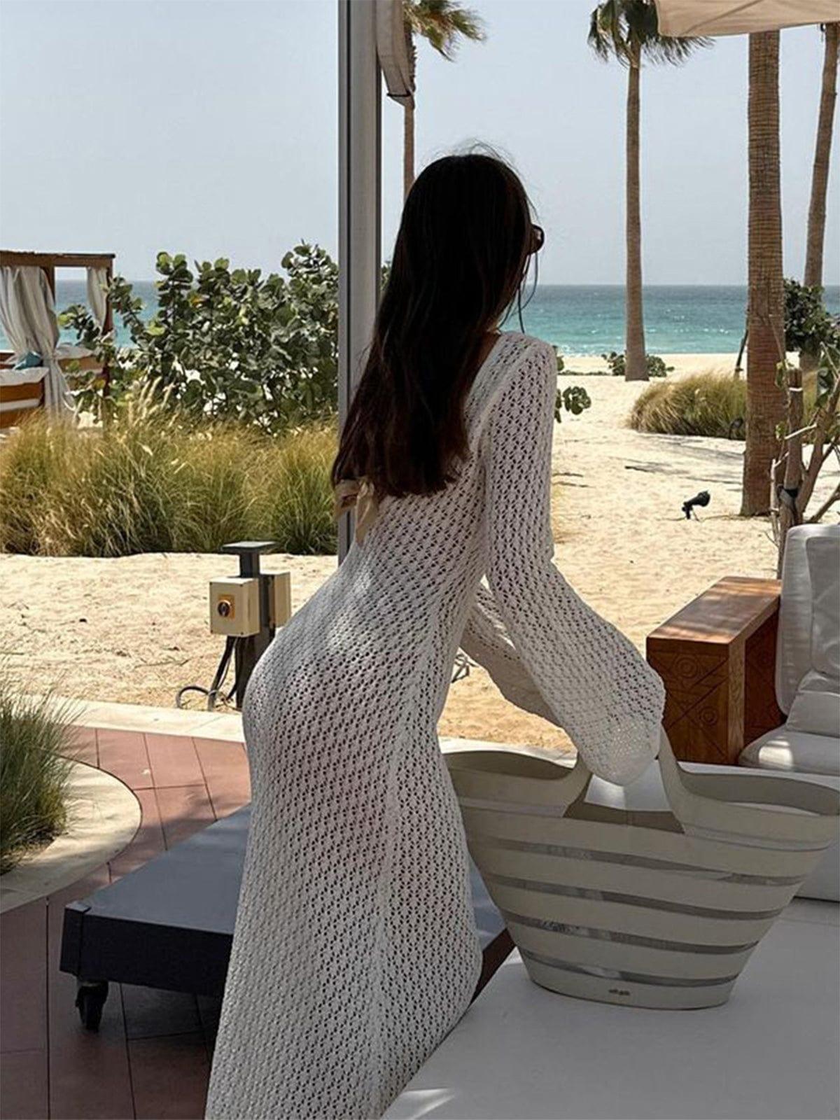 Women's Crochet Knit Maxi Dress with Bell Sleeves