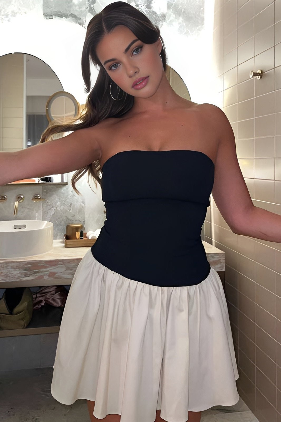 Women's Strapless Mini Dress with Flowy Skirt Design