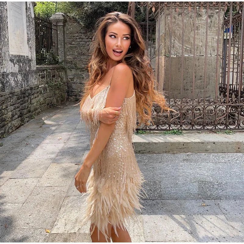 Women's Strappy Fringe Mini Dress with Feather Hem