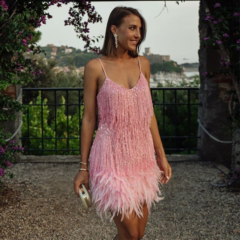Women's Strappy Fringe Mini Dress with Feather Hem
