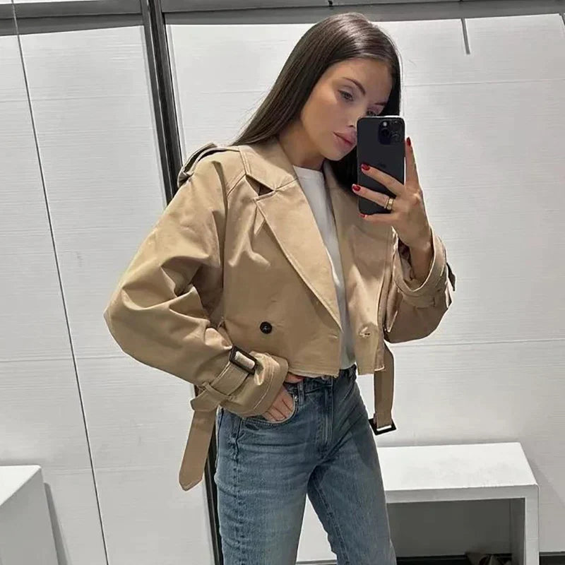 Women's Cropped Jacket with Belted Cuffs and Boxy Silhouette