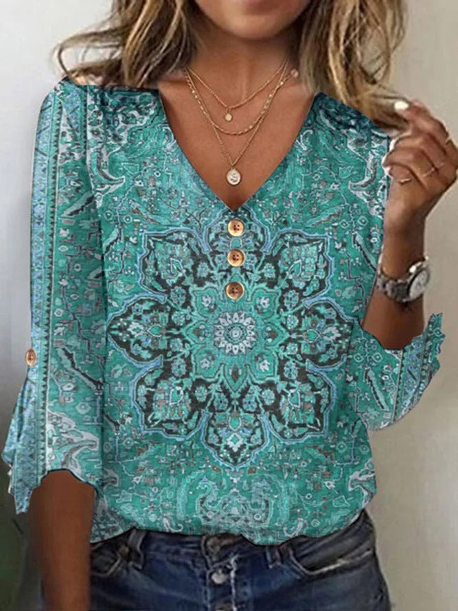 Women's Floral V-Neck Button-Down Blouse with Flowing Sleeves