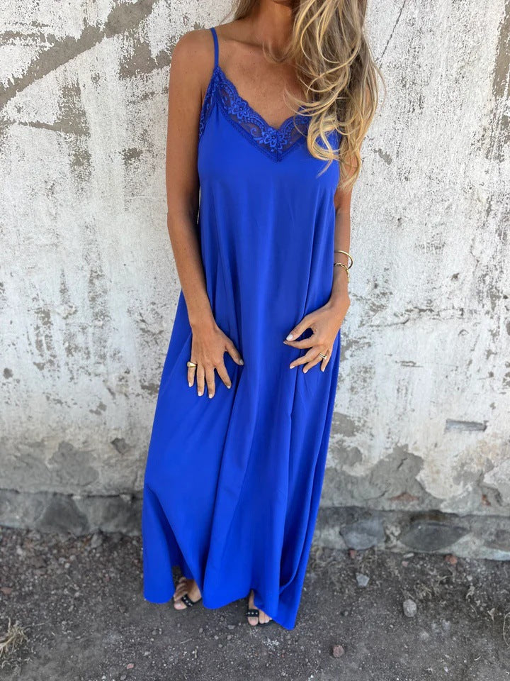 Lace Trim Slip Maxi Dress with Spaghetti Straps for Women