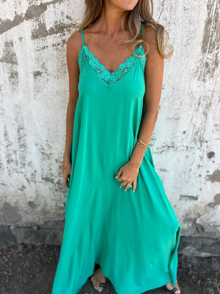 Lace Trim Slip Maxi Dress with Spaghetti Straps for Women