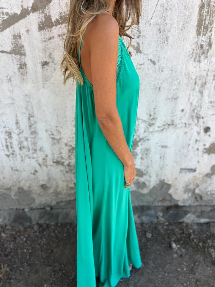 Lace Trim Slip Maxi Dress with Spaghetti Straps for Women