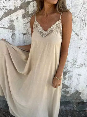 Lace Trim Slip Maxi Dress with Spaghetti Straps for Women