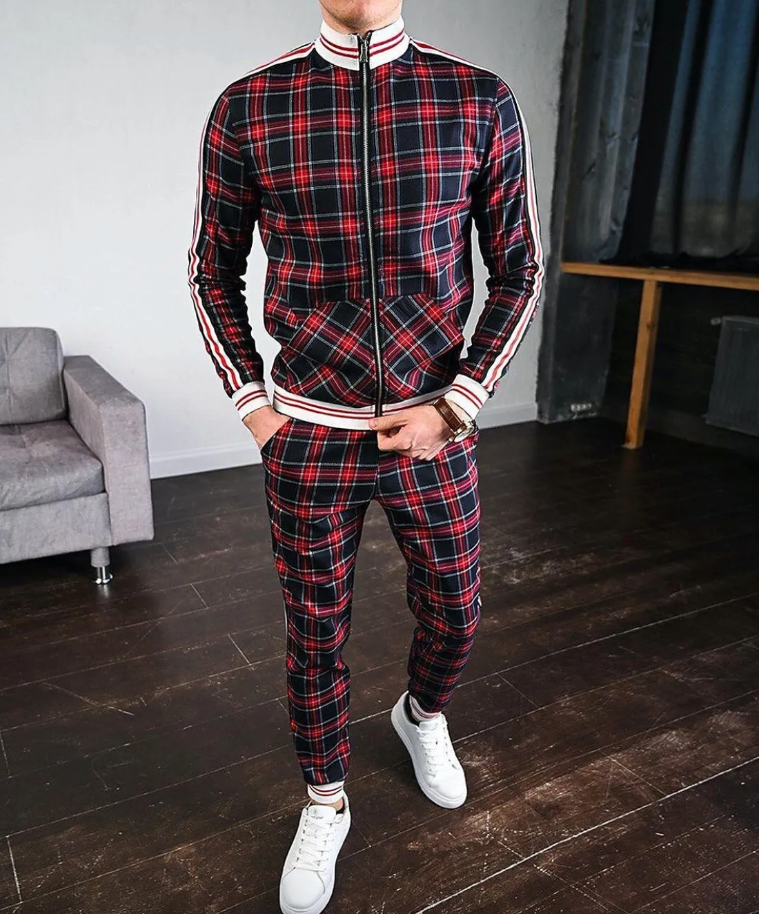 Men's Checkered Tracksuit Co-Ord Set with Striped Cuffs