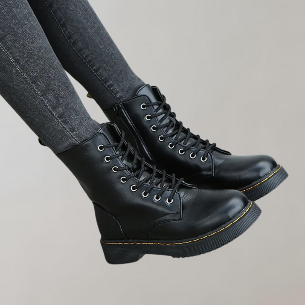 Women’s Lace-Up Combat Boots with Durable Sole and Side Zipper