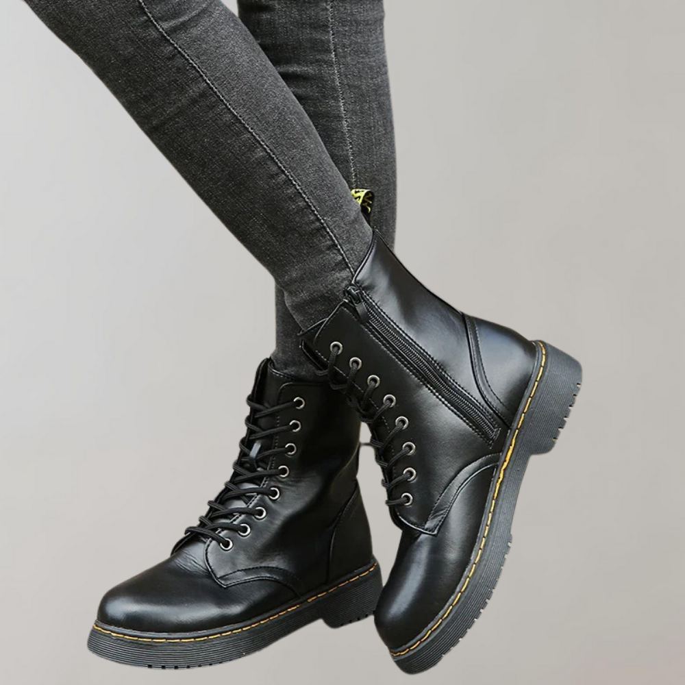 Women’s Lace-Up Combat Boots with Durable Sole and Side Zipper