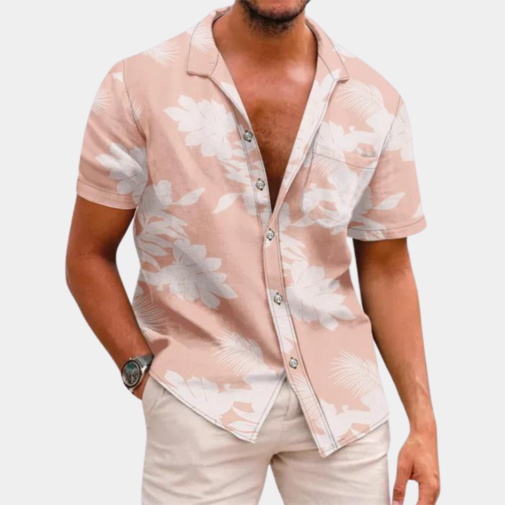 Men's Short-Sleeve Button-Up Shirt with Collar and Tropical Print