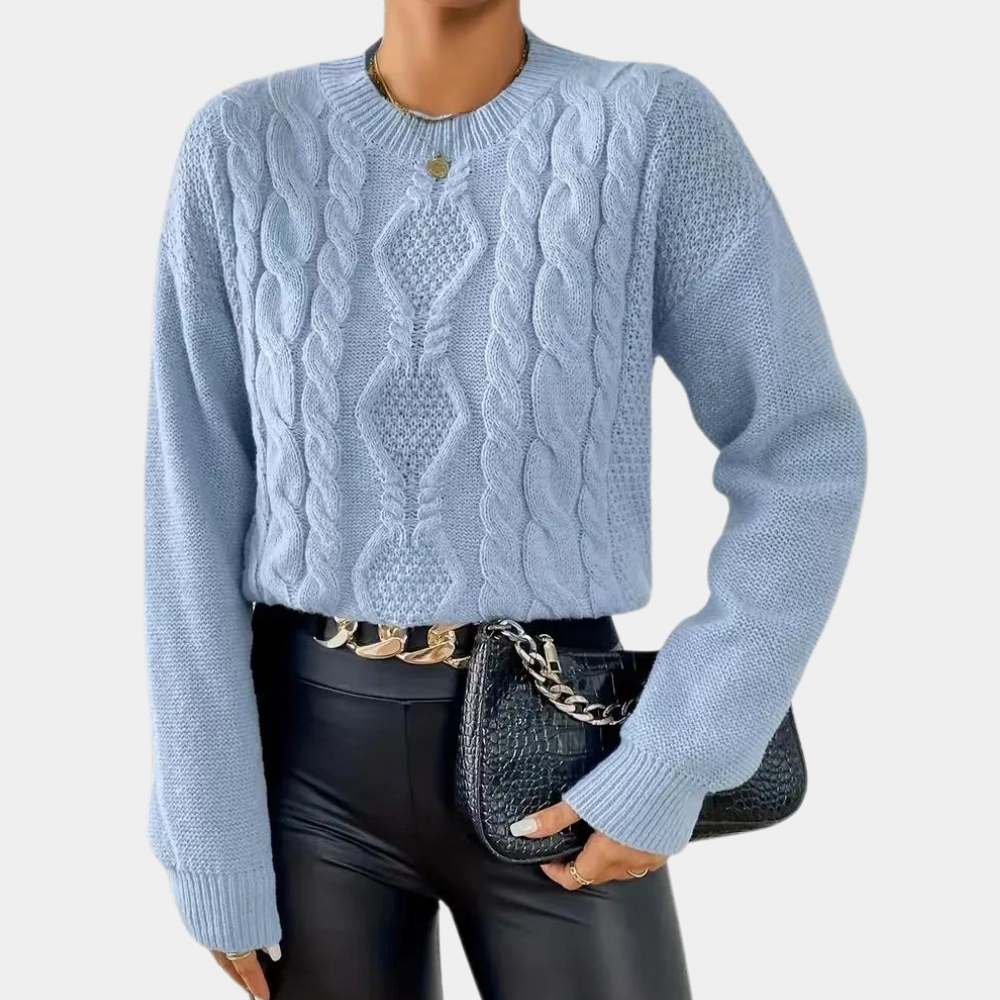 Women’s Blue Cable Knit Jumper with Round Neck and Long Sleeves