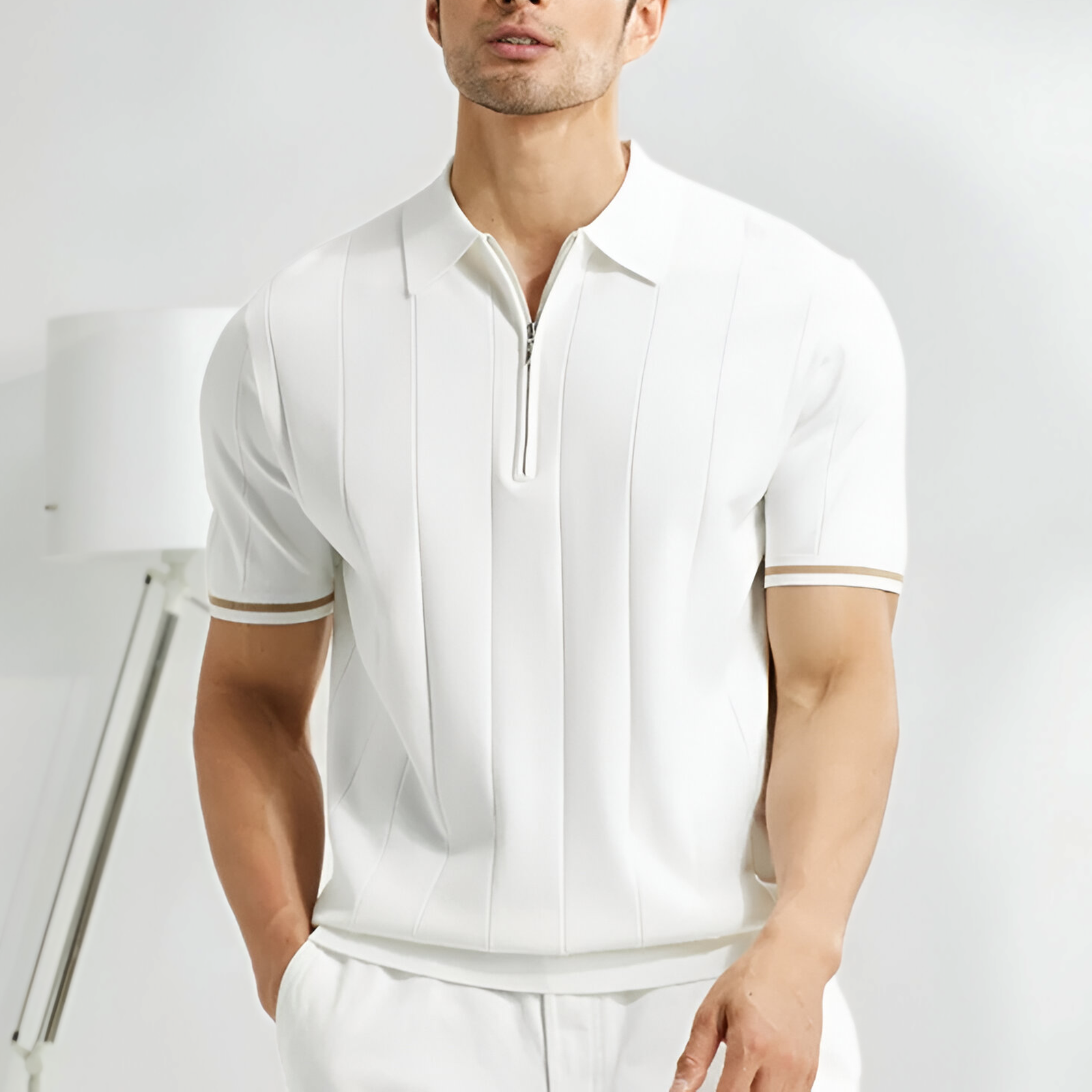Men's Short Sleeve Zip Polo Shirt with Ribbed Knit Collar