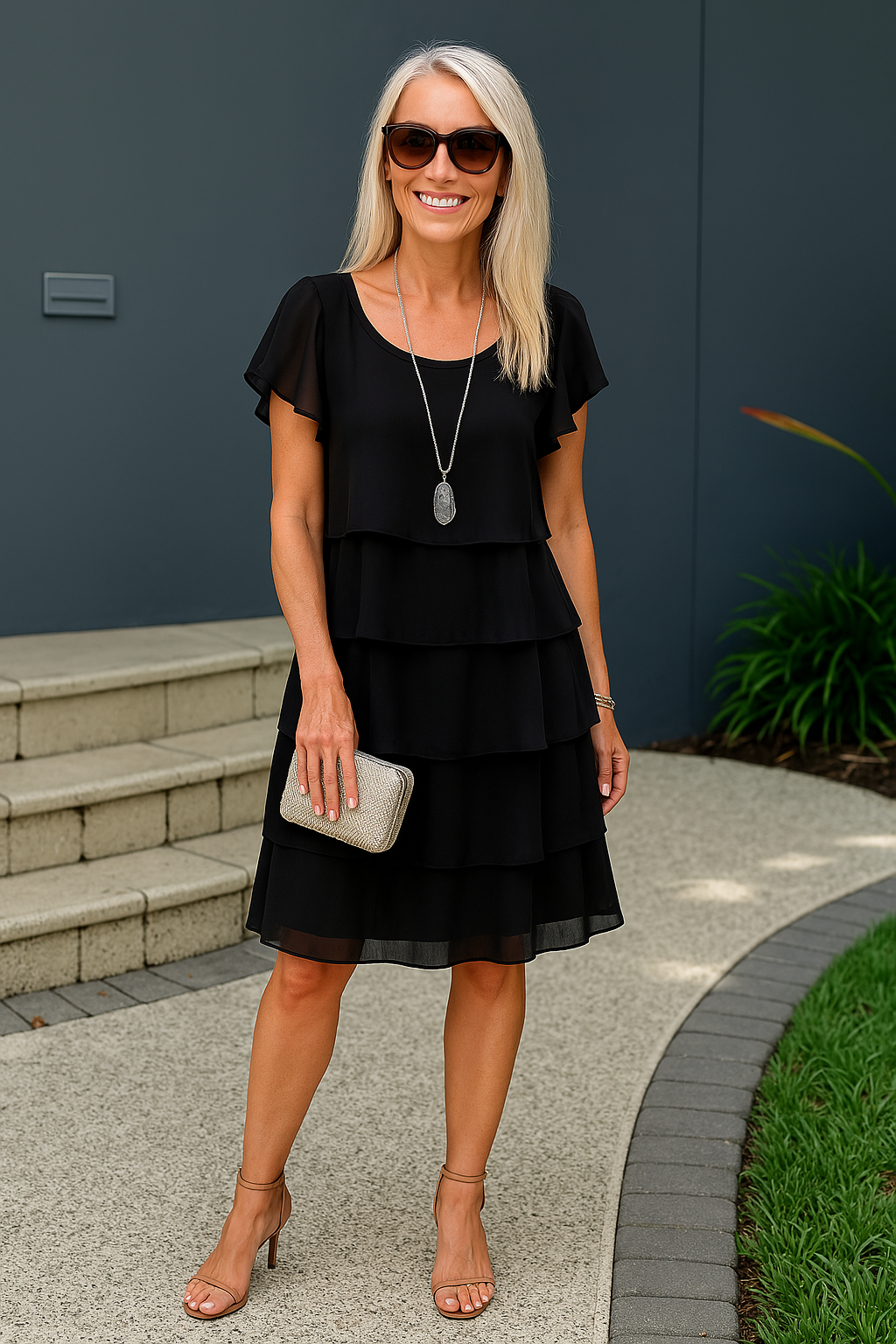 Tiered Knee Length Cocktail Dress with Flutter Sleeves for Women