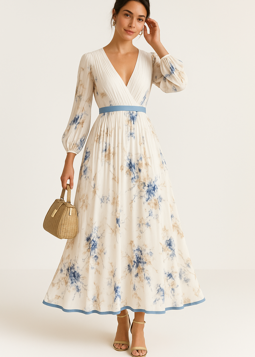 Women's Boho Maxi Wrap Dress with Long Sleeves and Floral Print