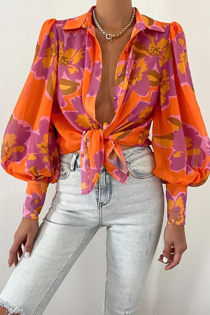 Women's Long Sleeve Leaf Print Blouse with Button Front and Cuffs