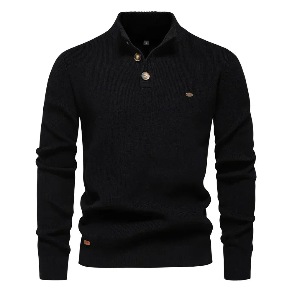 Men’s Button-Up Knitted Jumper with Stand Collar and Tailored Fit
