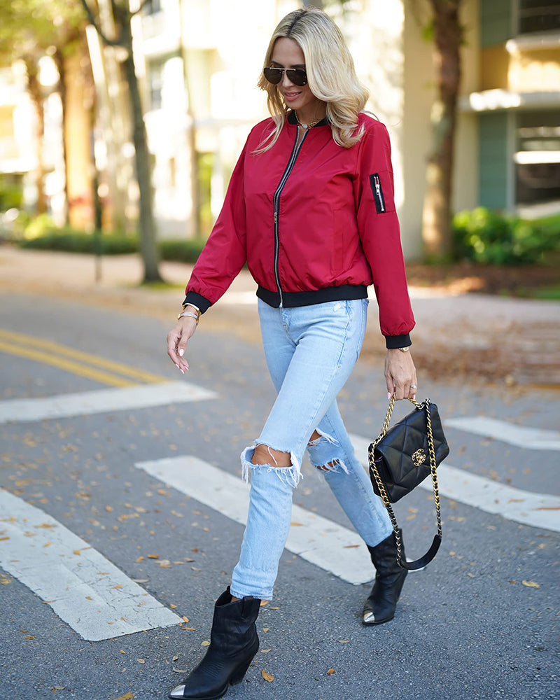 Women's Bomber Jacket with Zip Front and Ribbed Trim Finish