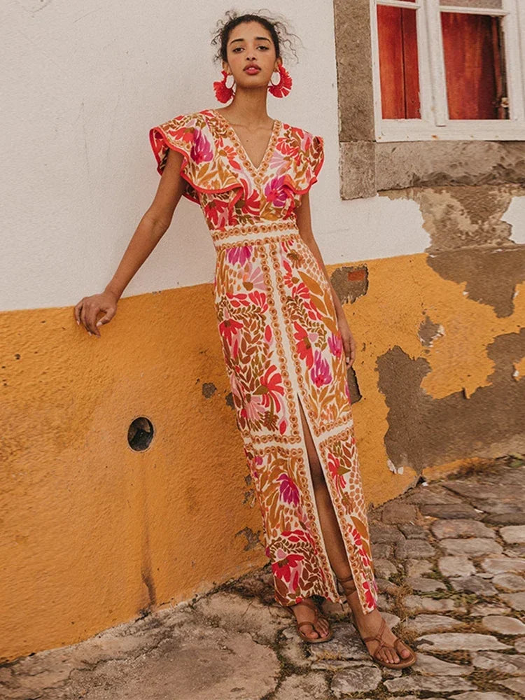 Women's Vintage Maxi Dress with Ruffle Sleeves and Front Slit