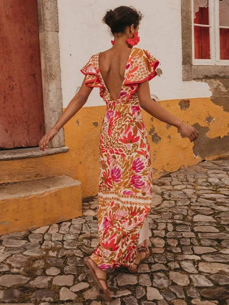 Women's Vintage Maxi Dress with Ruffle Sleeves and Front Slit