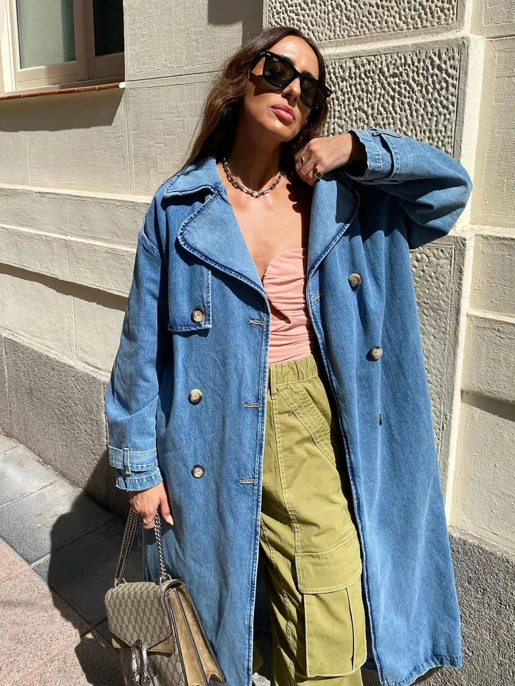 Women's Oversized Denim Trench Coat with Button Front Design