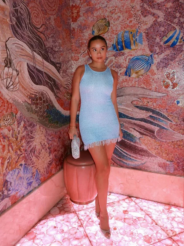 Women's Sparkly Knit Mini Dress with Sleeveless Cut and Fringe Hem