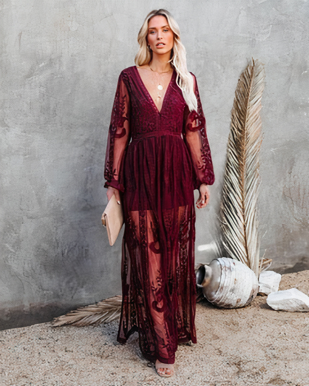 Women's Lace Maxi Dress with Sheer Sleeves and Side Slit